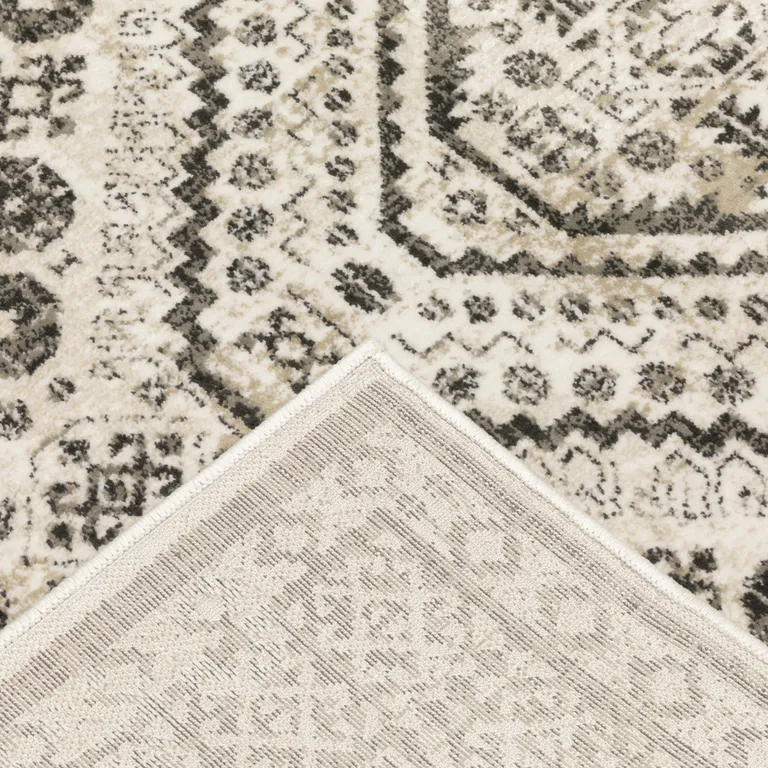 Ivory Grey Black And Ivory Oriental Power Loom Stain Resistant Runner Rug Photo 5