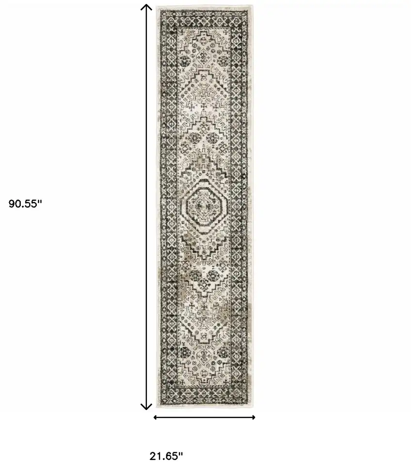Ivory Grey Black And Ivory Oriental Power Loom Stain Resistant Runner Rug Photo 10