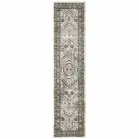 Photo of Ivory Grey Black And Ivory Oriental Power Loom Stain Resistant Runner Rug