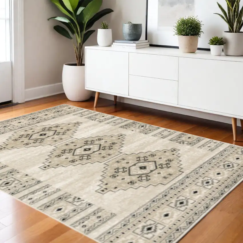 Ivory Grey Black And Ivory Southwestern Power Loom Stain Resistant Area Rug Photo 1