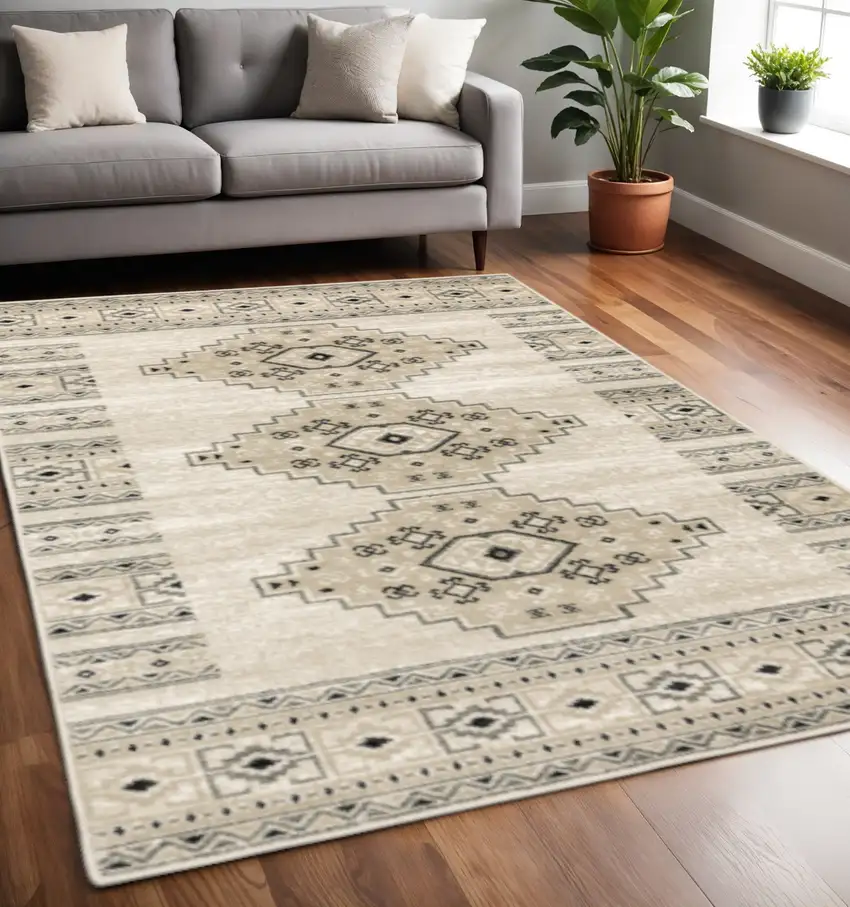 Ivory Grey Black And Ivory Southwestern Power Loom Stain Resistant Area Rug Photo 1