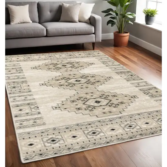 Ivory Grey Black And Ivory Southwestern Power Loom Stain Resistant Area Rug Photo 1