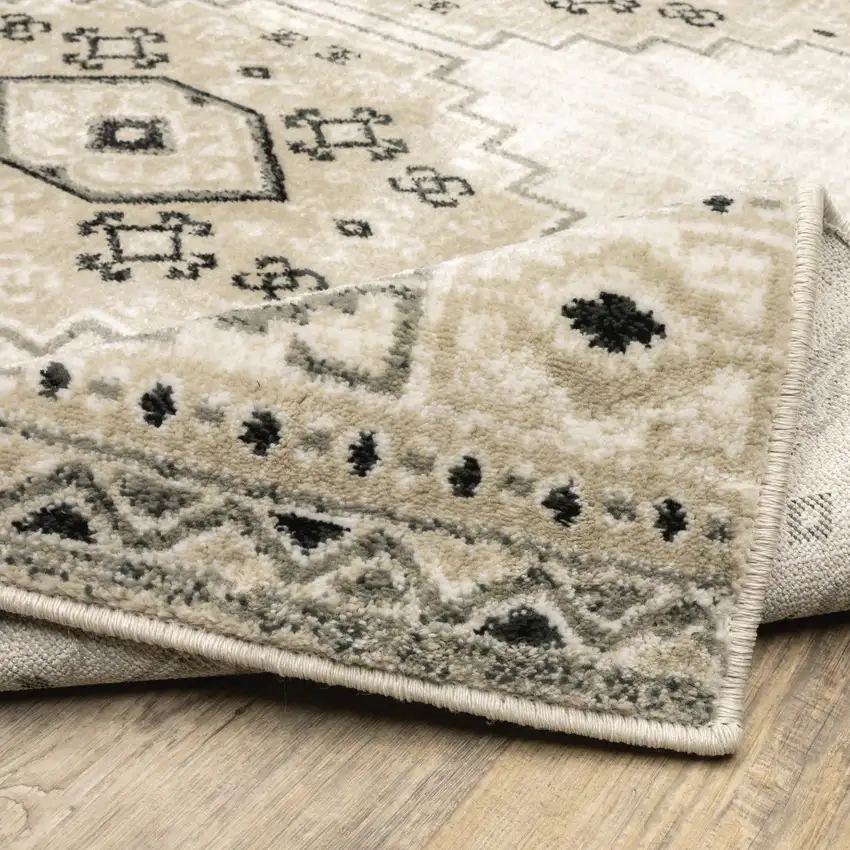 Ivory Grey Black And Ivory Southwestern Power Loom Stain Resistant Runner Rug Photo 6