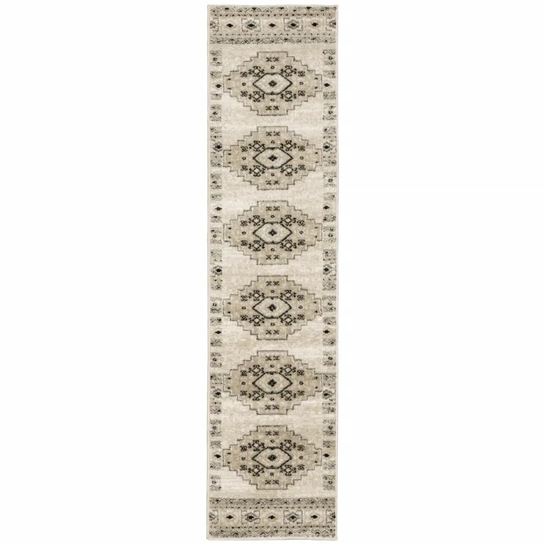 Ivory Grey Black And Ivory Southwestern Power Loom Stain Resistant Runner Rug Photo 2