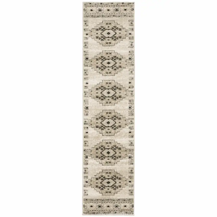 2' X 8' Ivory Grey Black And Ivory Southwestern Power Loom Stain Resistant Runner Rug Photo 2