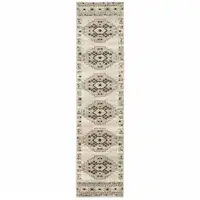 Photo of Ivory Grey Black And Ivory Southwestern Power Loom Stain Resistant Runner Rug