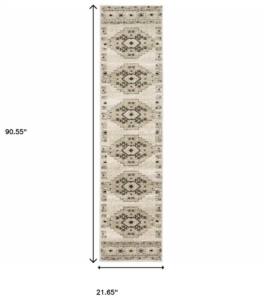 Ivory Grey Black And Ivory Southwestern Power Loom Stain Resistant Runner Rug Photo 7