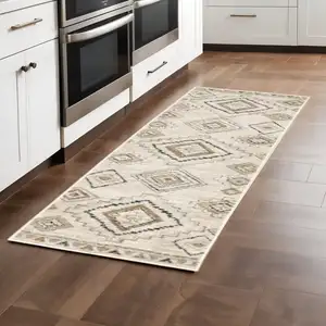 Photo of Ivory Grey Black And Ivory Southwestern Power Loom Stain Resistant Runner Rug