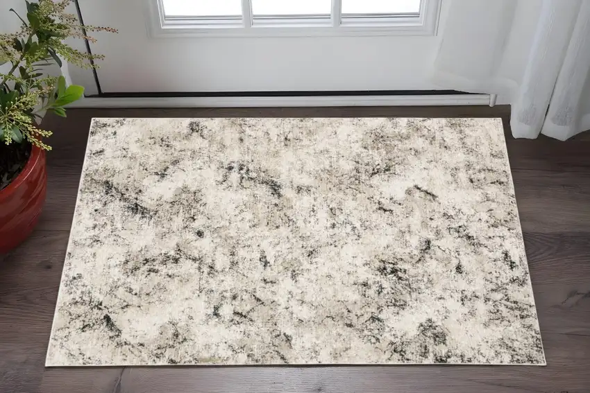 Ivory Grey Black Beige And Tan Abstract Power Loom Stain Resistant Area Rug Photo 1