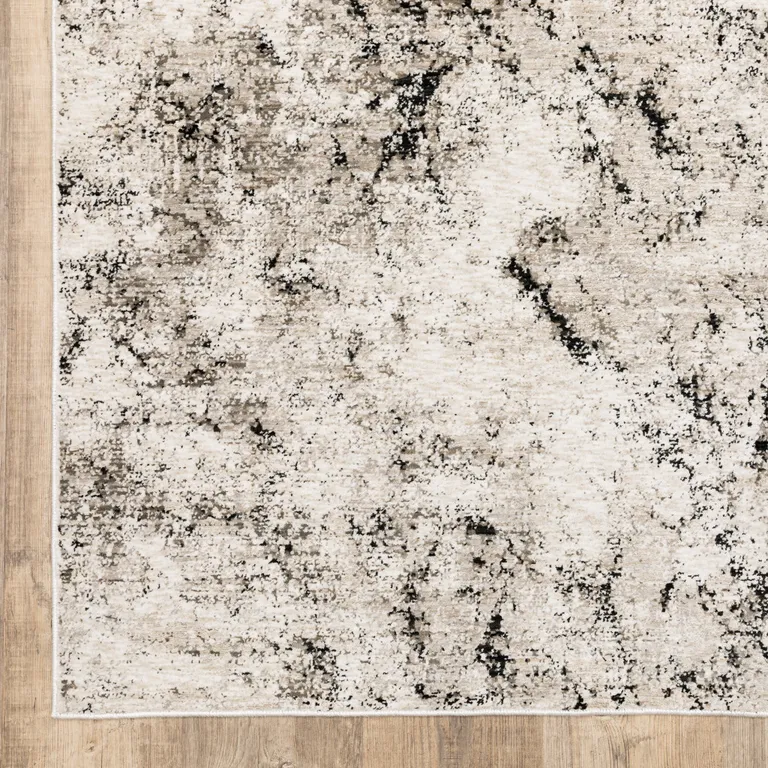 Ivory Grey Black Beige And Tan Abstract Power Loom Stain Resistant Runner Rug Photo 3