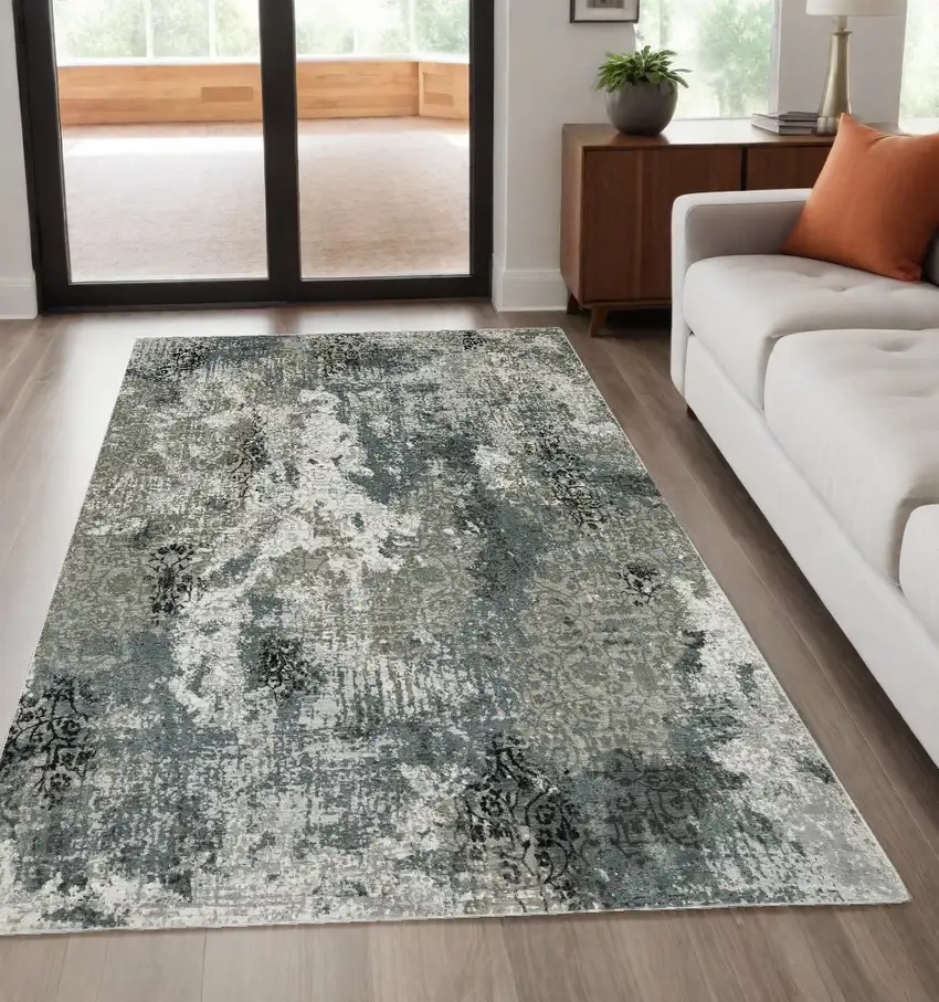 Ivory Grey Charcoal Blue And Navy Abstract Power Loom Stain Resistant Area Rug Photo 1