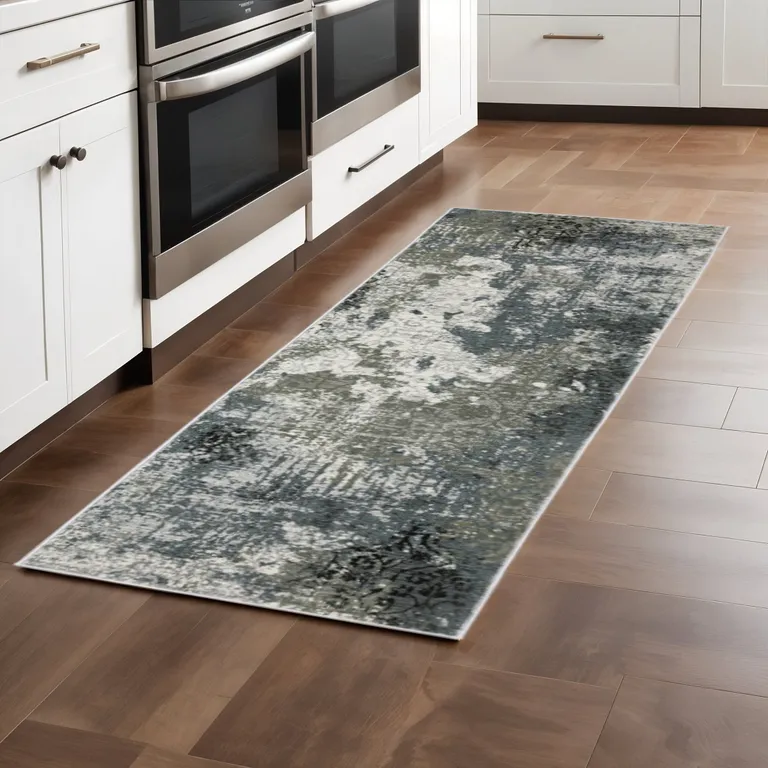 Ivory Grey Charcoal Blue And Navy Abstract Power Loom Stain Resistant Runner Rug Photo 4