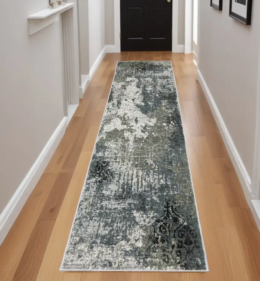 2' X 8' Ivory Grey Charcoal Blue And Navy Abstract Power Loom Stain Resistant Runner Rug Photo 1