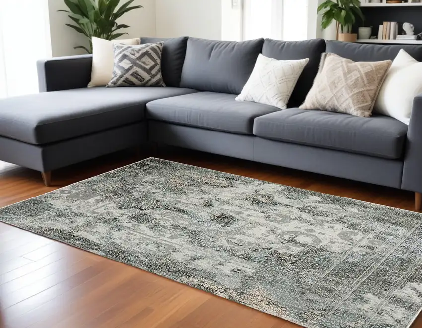 Ivory Grey Charcoal Blue And Rust Oriental Power Loom Stain Resistant Area Rug Photo 1