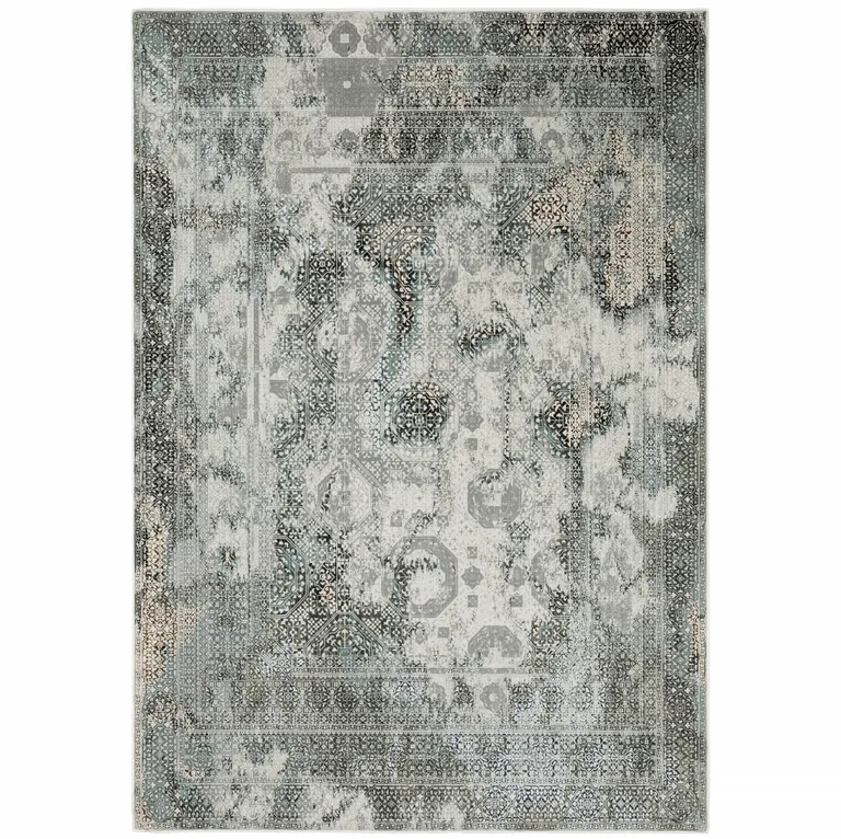 Ivory Grey Charcoal Blue And Rust Oriental Power Loom Stain Resistant Area Rug Photo 2
