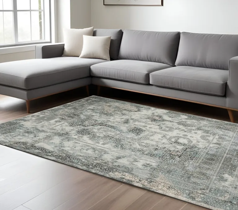 Ivory Grey Charcoal Blue And Rust Oriental Power Loom Stain Resistant Area Rug Photo 1