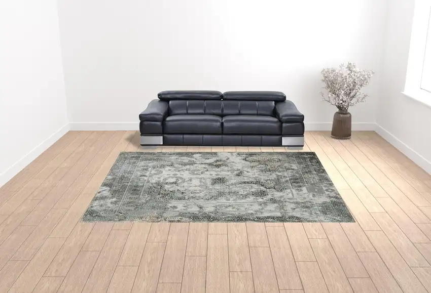 Ivory Grey Charcoal Blue And Rust Oriental Power Loom Stain Resistant Area Rug Photo 2