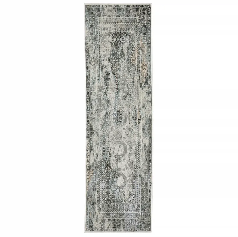Ivory Grey Charcoal Blue And Rust Oriental Power Loom Stain Resistant Runner Rug Photo 2