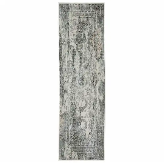 2' X 8' Ivory Grey Charcoal Blue And Rust Oriental Power Loom Stain Resistant Runner Rug Photo 2