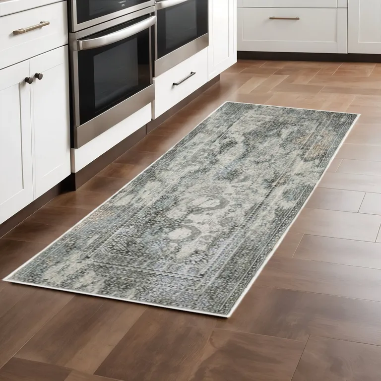 Ivory Grey Charcoal Blue And Rust Oriental Power Loom Stain Resistant Runner Rug Photo 1
