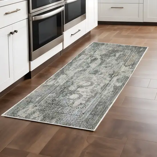 2' X 8' Ivory Grey Charcoal Blue And Rust Oriental Power Loom Stain Resistant Runner Rug Photo 1