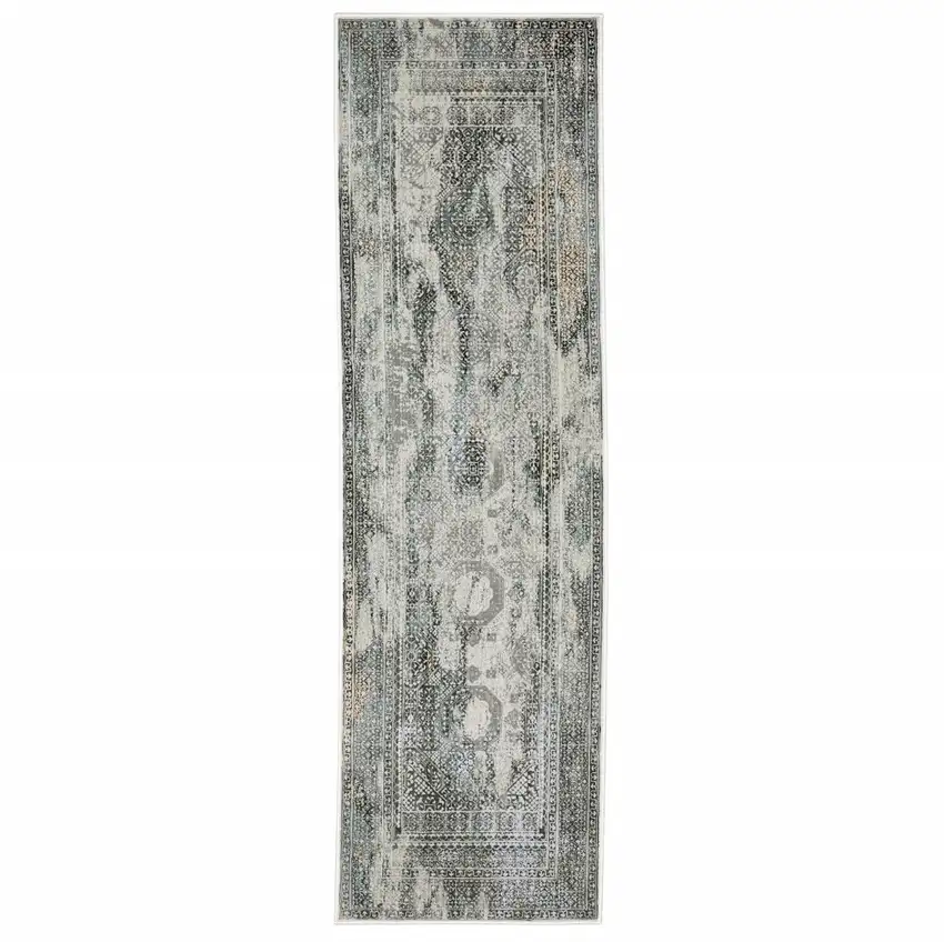 Ivory Grey Charcoal Blue And Rust Oriental Power Loom Stain Resistant Runner Rug Photo 1
