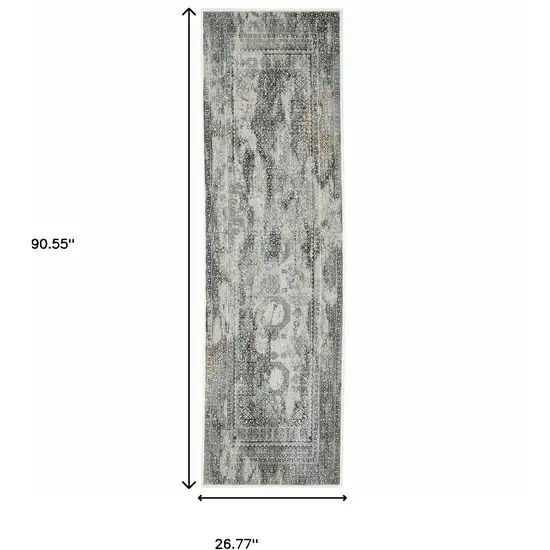 2' X 8' Ivory Grey Charcoal Blue And Rust Oriental Power Loom Stain Resistant Runner Rug Photo 3