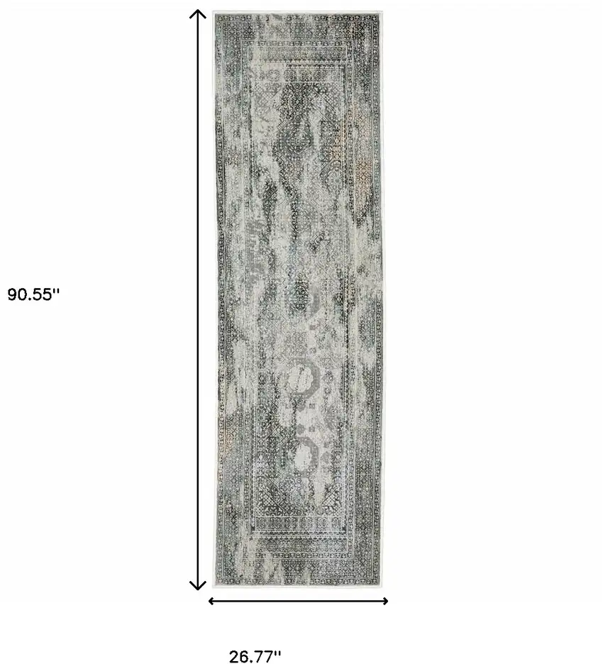 2' X 8' Ivory Grey Charcoal Blue And Rust Oriental Power Loom Stain Resistant Runner Rug Photo 3