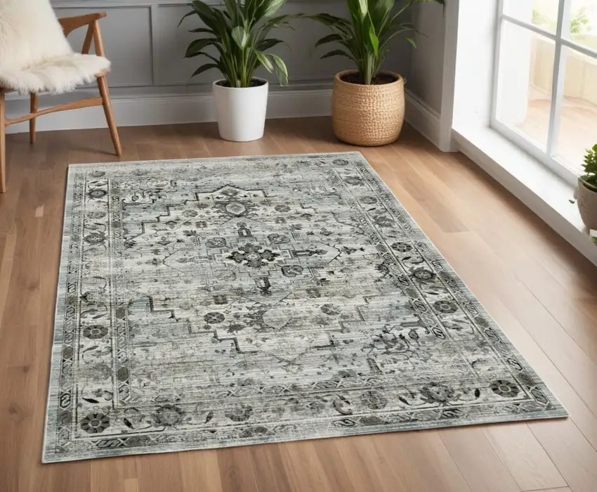 Gray and Ivory Oriental Power Loom Area Rug Photo 1