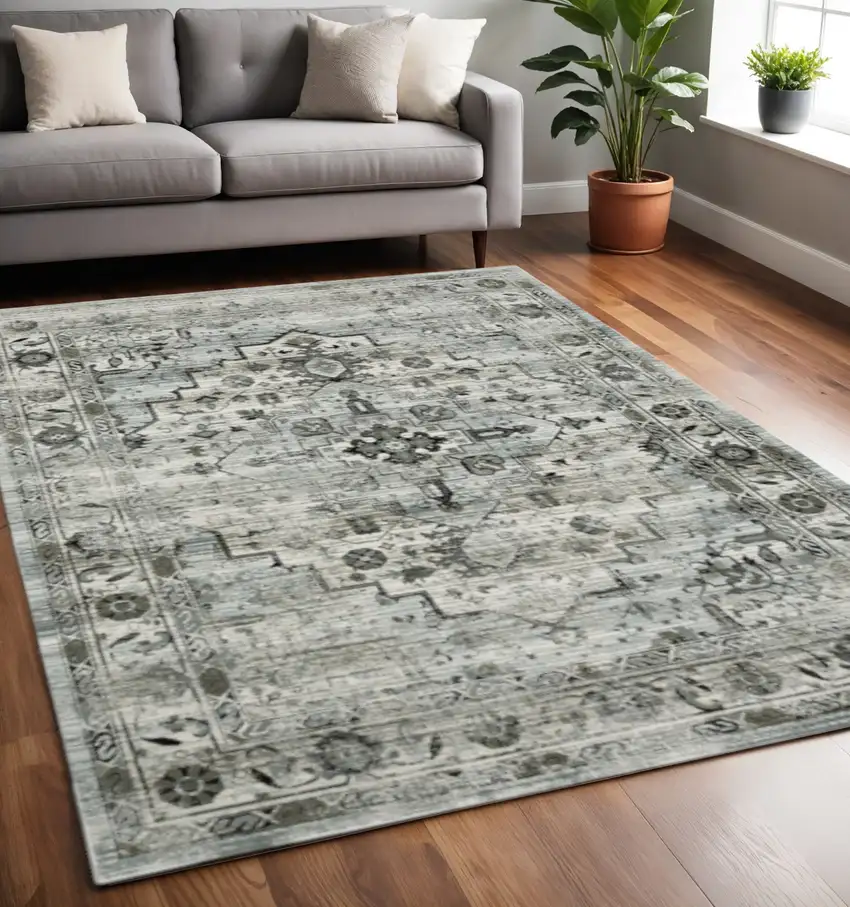 Ivory Grey Charcoal Blue And Taupe Oriental Power Loom Stain Resistant Area Rug Photo 1