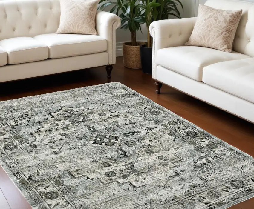 6' X 9' Ivory Grey Charcoal Blue And Taupe Oriental Power Loom Stain Resistant Area Rug Photo 1
