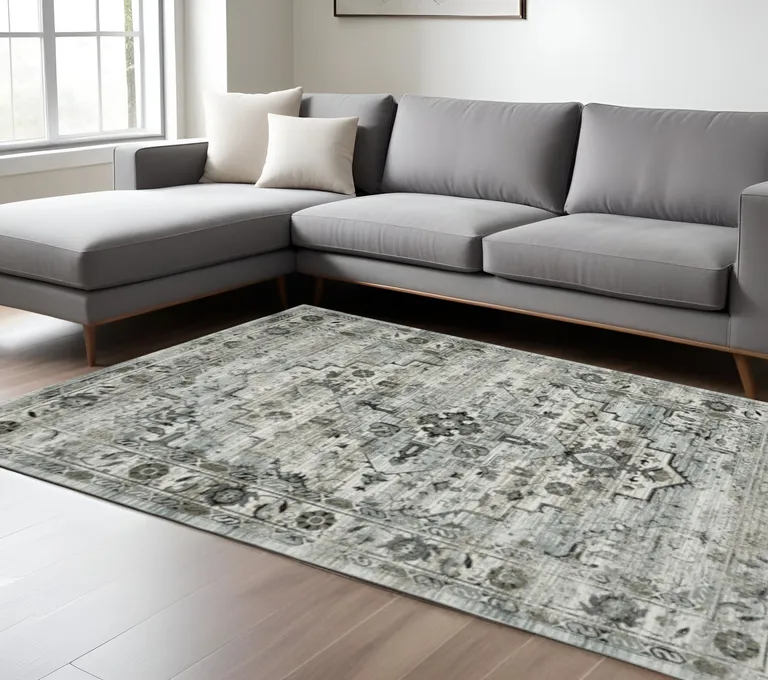 Ivory Grey Charcoal Blue And Taupe Oriental Power Loom Stain Resistant Area Rug Photo 4