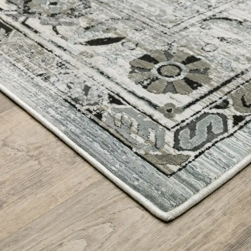 Ivory Grey Charcoal Blue And Taupe Oriental Power Loom Stain Resistant Area Rug Photo 4
