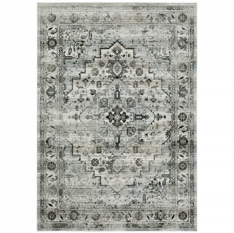 Ivory Grey Charcoal Blue And Taupe Oriental Power Loom Stain Resistant Area Rug Photo 2