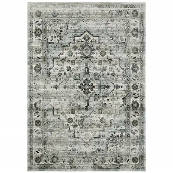 Ivory Grey Charcoal Blue And Taupe Oriental Power Loom Stain Resistant Area Rug Photo 2