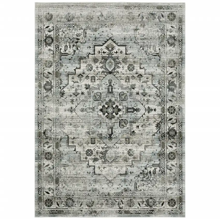 Ivory Grey Charcoal Blue And Taupe Oriental Power Loom Stain Resistant Area Rug Photo 2