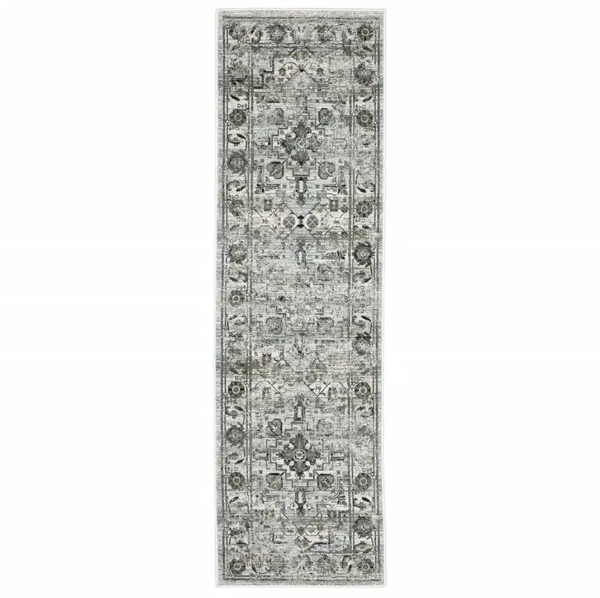 Ivory Grey Charcoal Blue And Taupe Oriental Power Loom Stain Resistant Runner Rug Photo 1