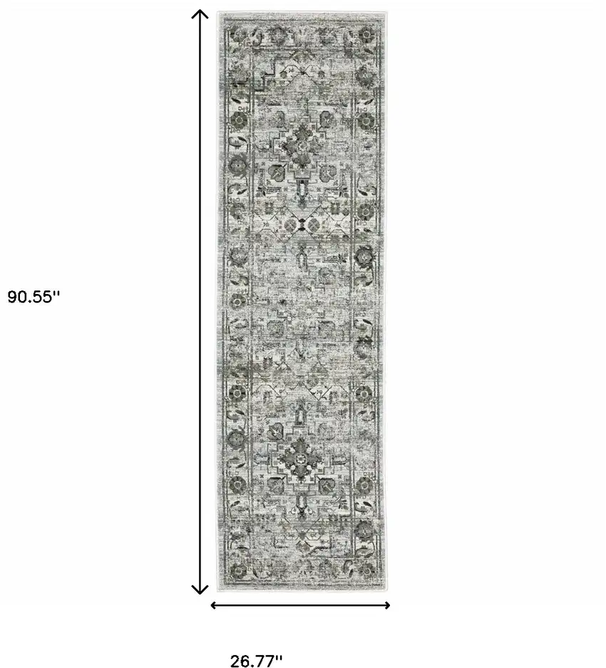 2' X 8' Ivory Grey Charcoal Blue And Taupe Oriental Power Loom Stain Resistant Runner Rug Photo 6