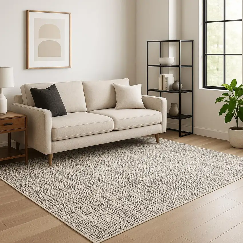 Ivory Grey Charcoal Brown And Beige Abstract Power Loom Stain Resistant Area Rug Photo 1