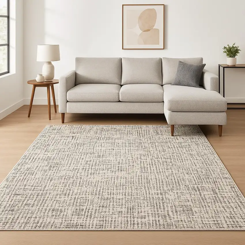 Ivory Grey Charcoal Brown And Beige Abstract Power Loom Stain Resistant Area Rug Photo 1