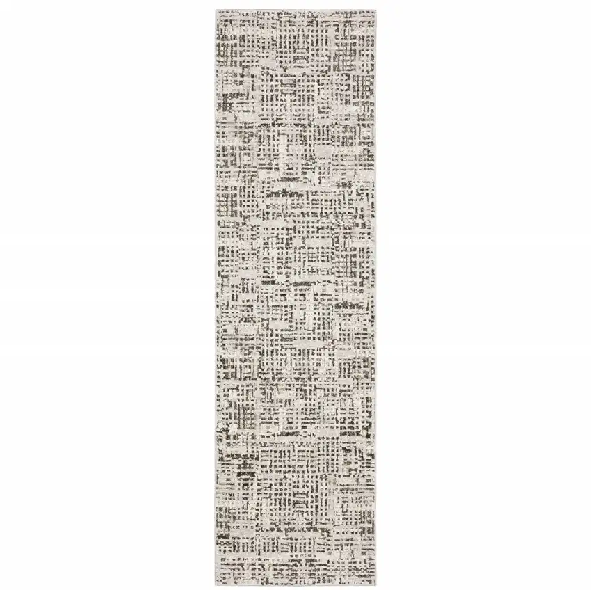 Ivory Grey Charcoal Brown And Beige Abstract Power Loom Stain Resistant Runner Rug Photo 1