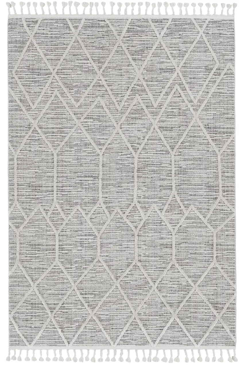Ivory Grey Diamonds Area Rug With Fringe Photo 2