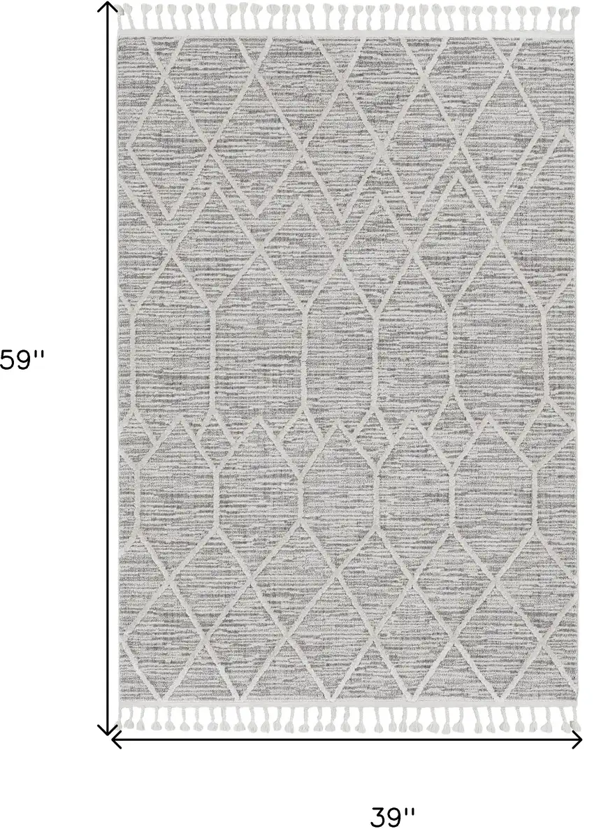 Ivory Grey Diamonds Area Rug With Fringe Photo 3