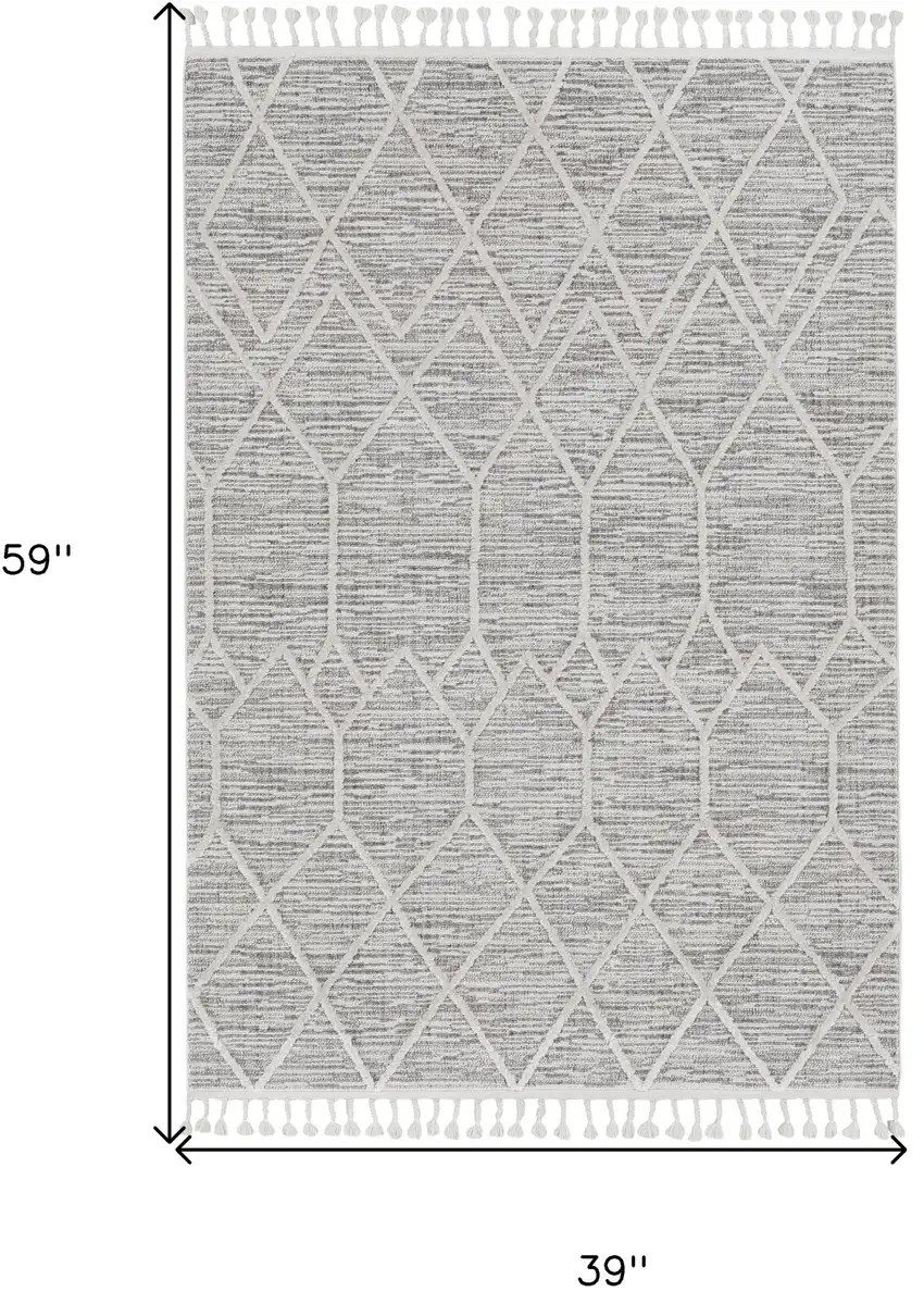 Ivory Grey Diamonds Area Rug With Fringe Photo 3