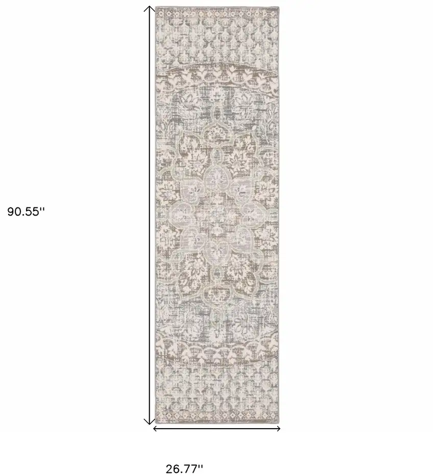 Ivory Grey Distressed Oversize Medallion Indoor Runner Rug Photo 6