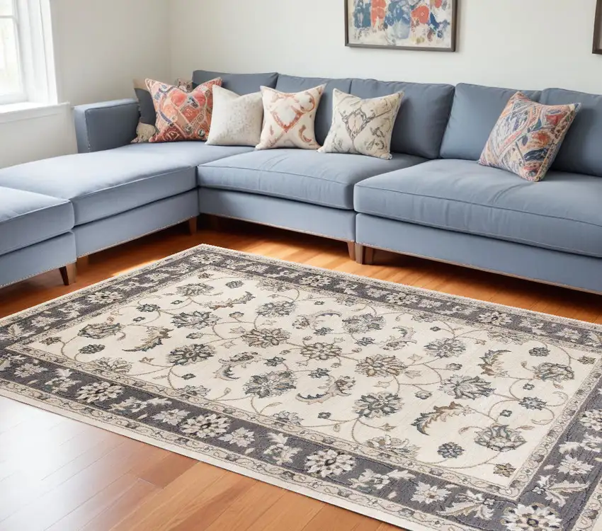 Ivory Grey Floral Indoor Area Rug Photo 1