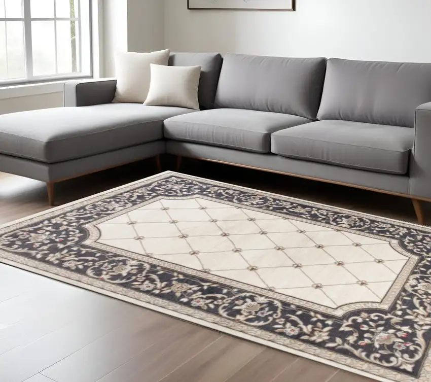 Ivory And Gray Floral Area Rug Photo 1