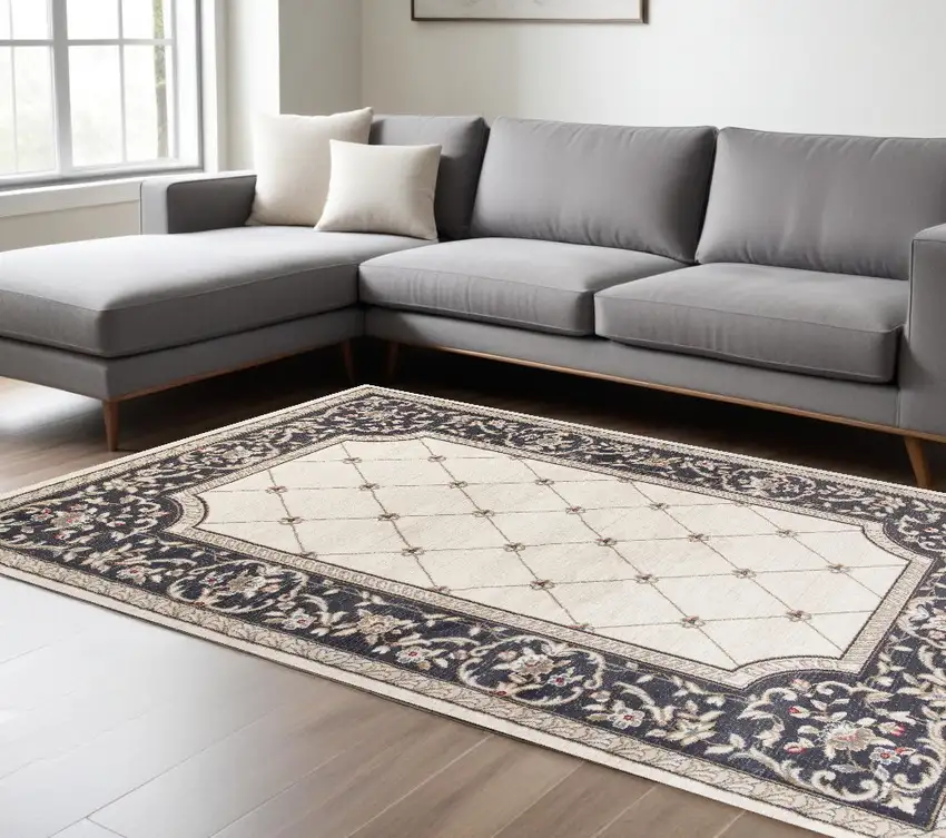 Ivory Grey Floral Indoor Area Rug Photo 1