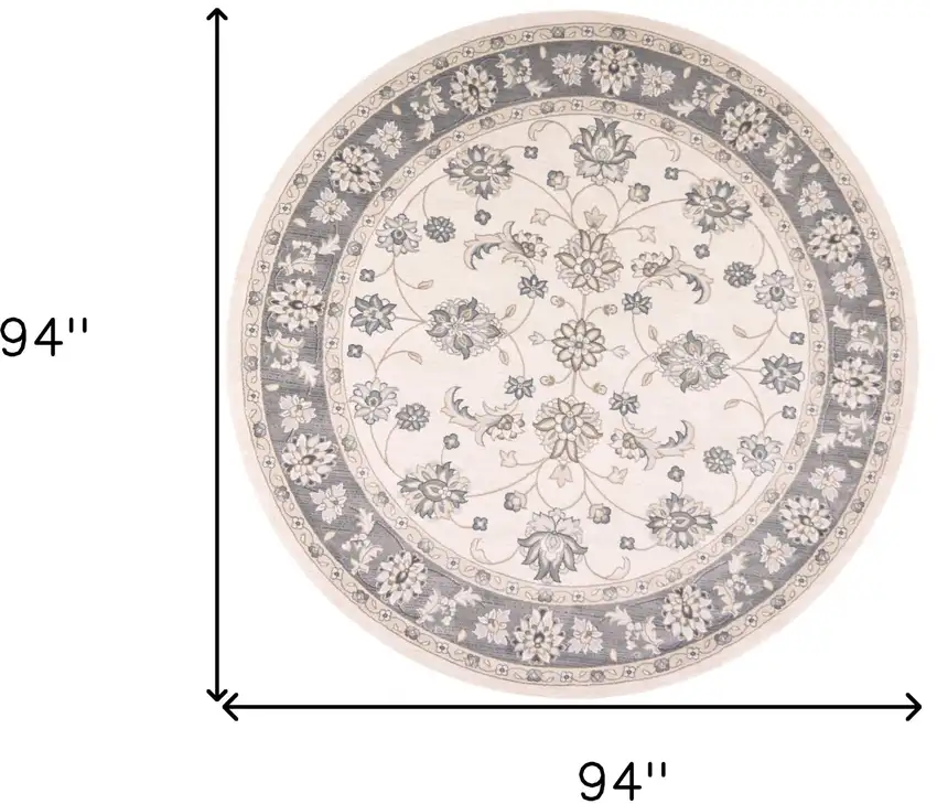 8' Ivory Grey Floral Round Indoor Area Rug Photo 3
