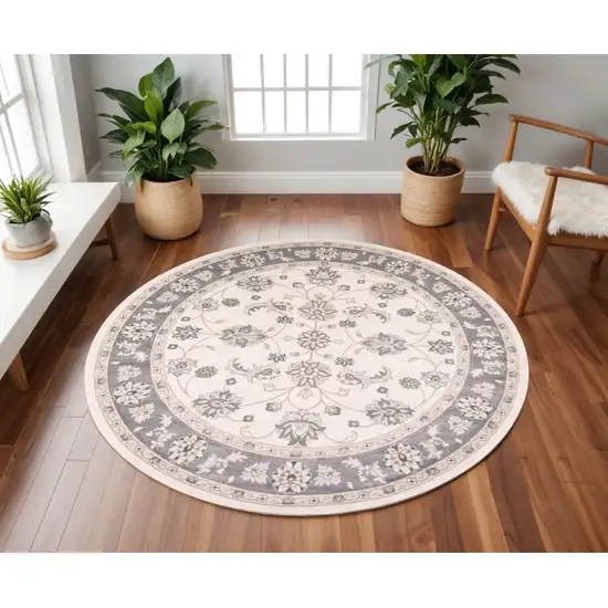8' Ivory And Gray Floral Medallion Round Rug Photo 1